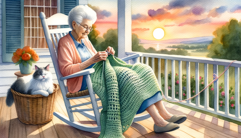 gammal kvinna virkar handgjorda textilier